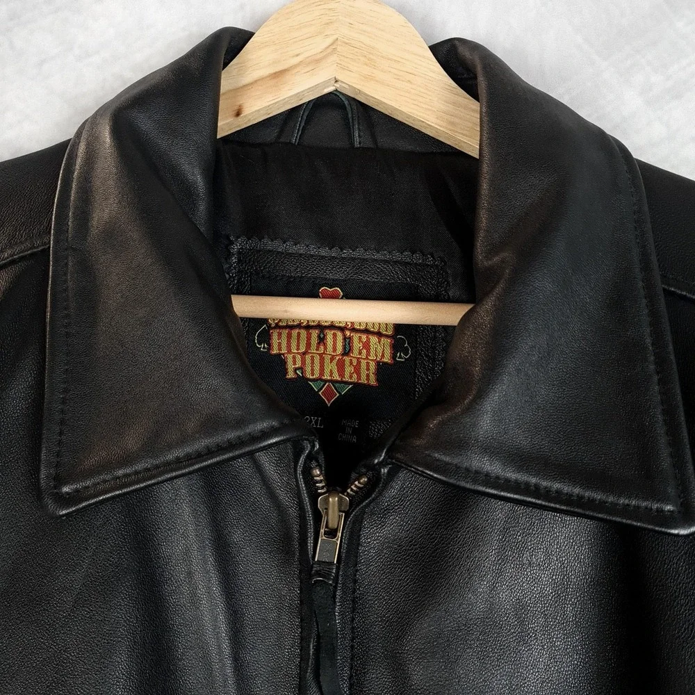 Hold'em Poker Jacket Mens 2XL Black Leather Full Zip Insulated Lined Motorcycle